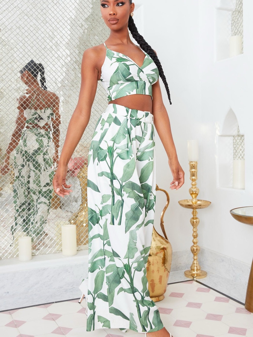 Fashion Nova White Maxi Skirt with Green Leaf Print